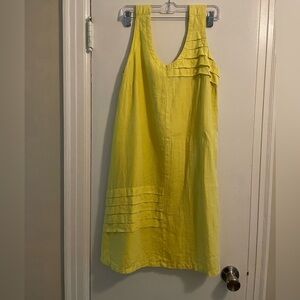 100% Linen Made in Italy Lemon Yellow Pleated Detail Shift Dress Size Medium